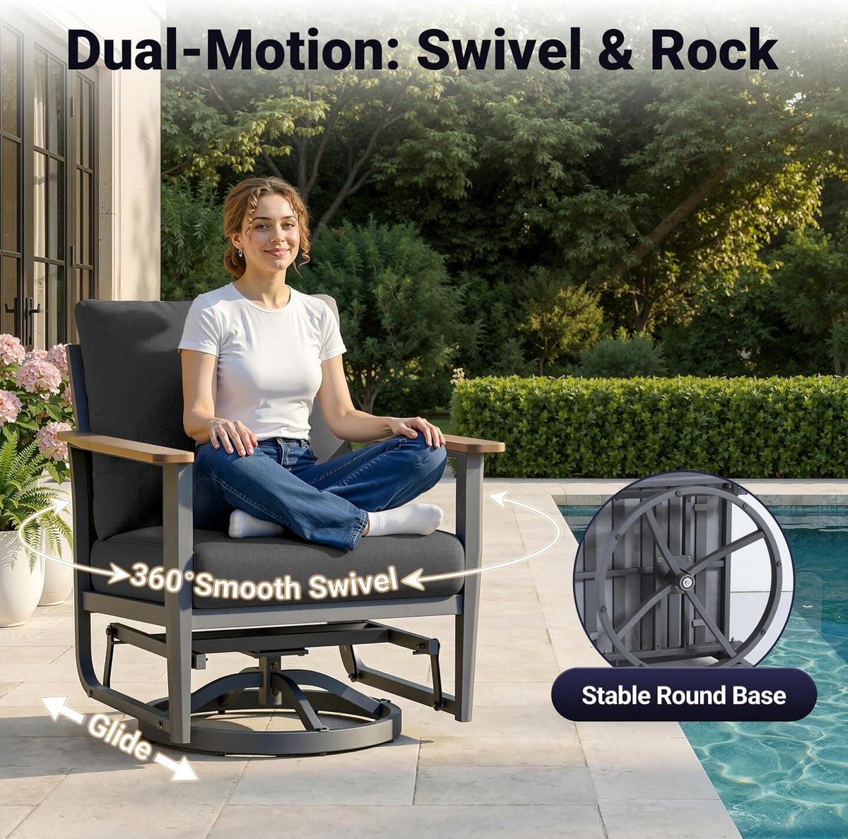 aluminum outdoor patio furniture set with 5.1-inch cushions showing dimensions