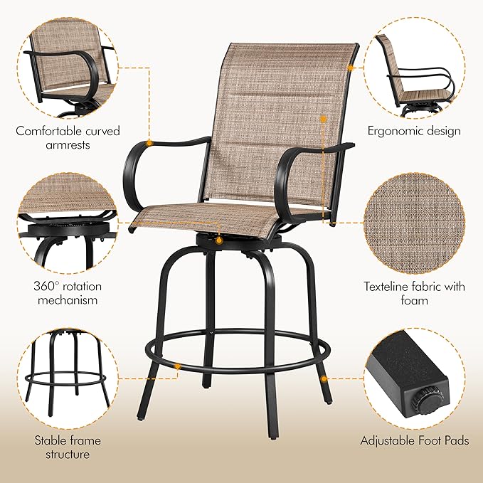Yaheetech 2 Piece Patio Swivel Bar Stools Texteline Bistro Chairs with High Back/Armrest/Footrest, All Weather Padded Seating Outdoor Furniture Chairs for Outside, Lawn & Garden?Black/Brown