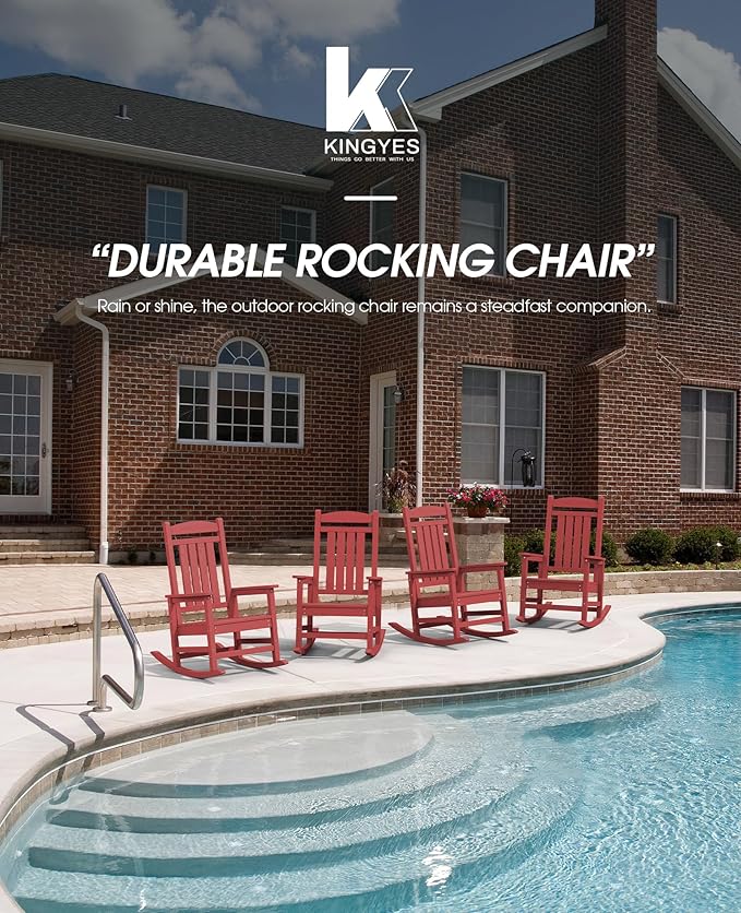 KINGYES HDPE Outdoor Rocking Chair Set of 4, All-Weather Poly Patio Rocking Chairs with 330lbs Support for Adults, Dark Red