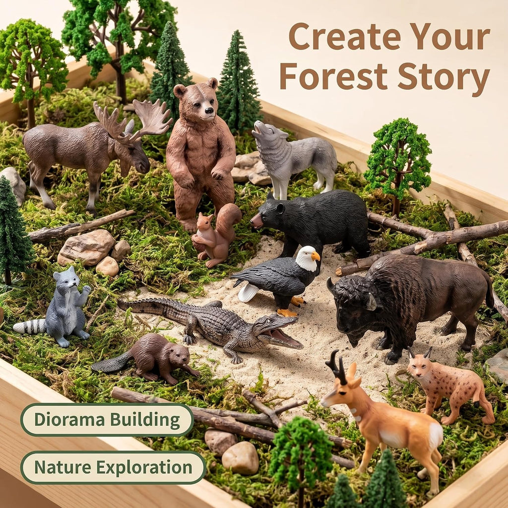 solid north american woodland forest animal figurines set, side view