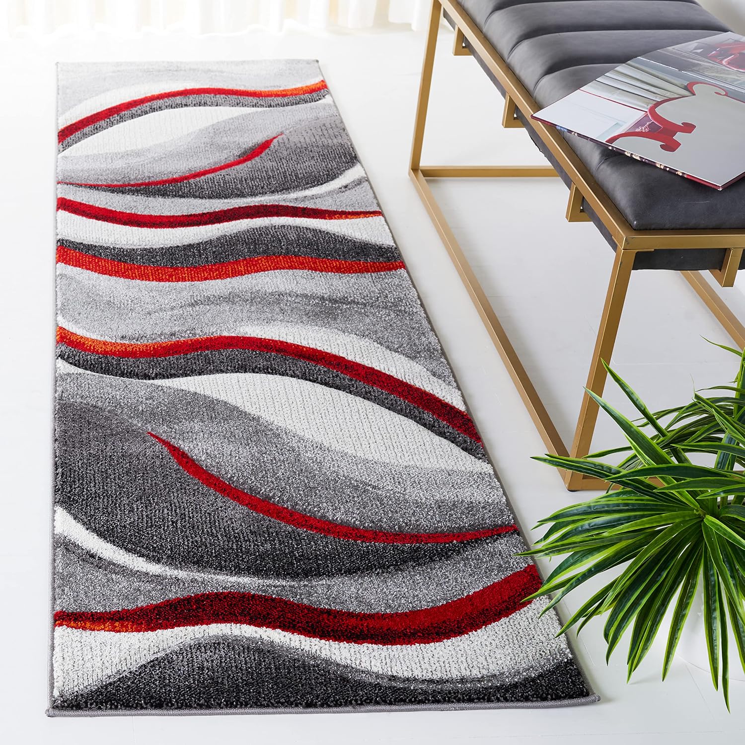 SAFAVIEH Hollywood Collection Runner Rug - 2'3" x 8', Grey & Red, Mid-Century Modern Design, Non-Shedding & Easy Care, Ideal for High Traffic Areas in Living Room, Bedroom (HLW766Q)