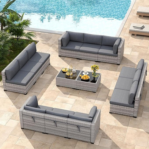 12-Seat Modular Patio Furniture Set – Outdoor Wicker Sectional Sofa with Thick 4″ Cushions, Dual-Strand PE Rattan, Rust-Resistant 18 mm Steel Frame, Backyard Garden Deck Lounge,Black