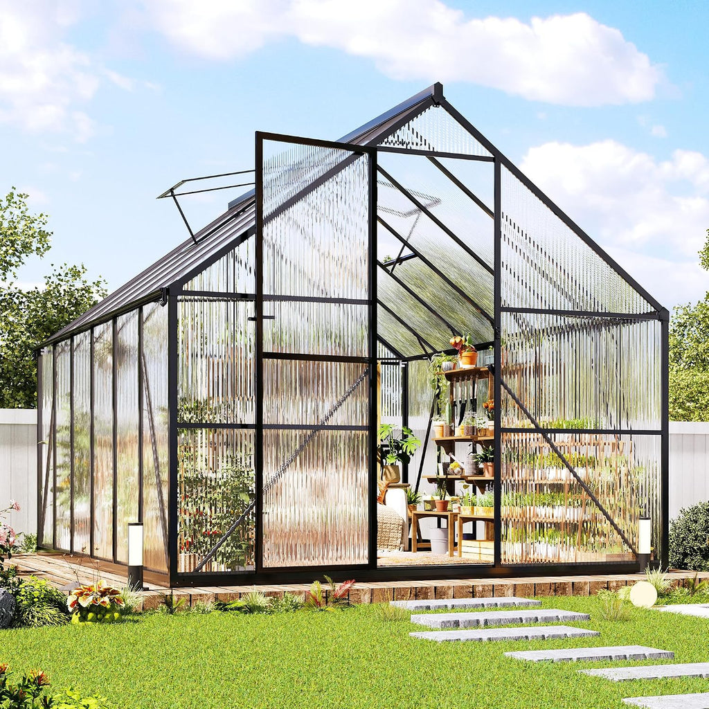 jocisland 8x12ft polycarbonate greenhouse, heavy duty aluminum frame, main product view