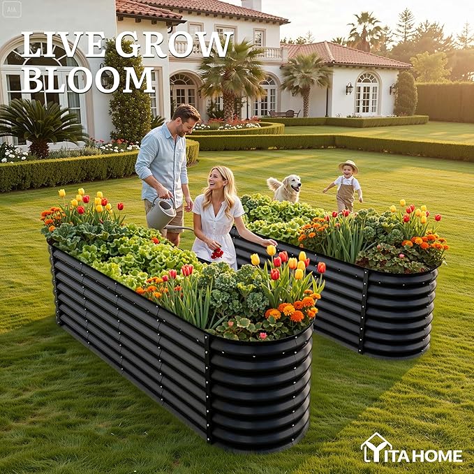 YITAHOME 24" Tall 9 in 1 Large Raised Garden Bed Kit, 8x2x2ft Galvanized Metal Planter Box with Gloves and Safety Rubber, Outdoor Above Ground Planters for Plants Vegetables Flowers, Black