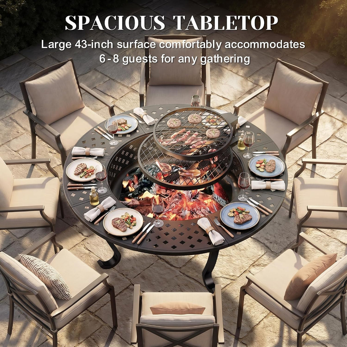 43" fire pit, firepit with adjustable 2 grills shown in use