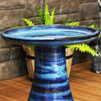 Sunnydaze Ceramic Bird Bath for Outside, Hand-Painted, 21” H, Galaxy Blue | UV & Frost-Resistant, 1 Gal Water Capacity, 2-Piece Assembly, Colorful Outdoor Accent, Outdoor Bird Bath, Ceramic Birdbath