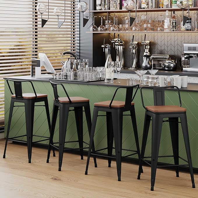 Yongchuang 30 inch Bar Stools Set of 2 Bar Height Metal Barstools with Wood Seat Low Back Kitchen Bar Chairs Matte Black