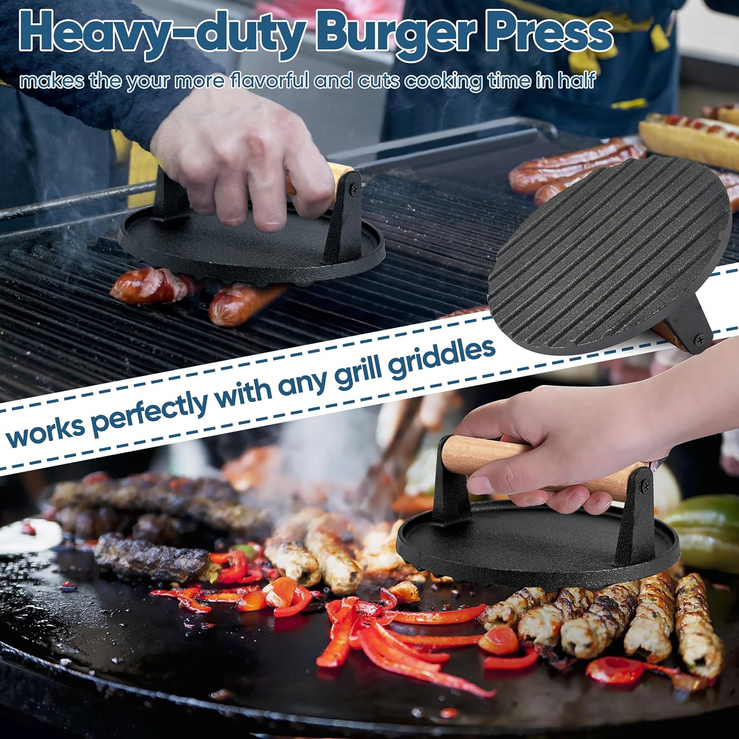 HaSteeL Basting Cover & Burger Press for Outdoor Grilling Steaming | 9In Stainless Steel Melting Dome & 6In Grill Press, Professional Griddle Lid Kit for Flat Top Teppanyaki Cooking