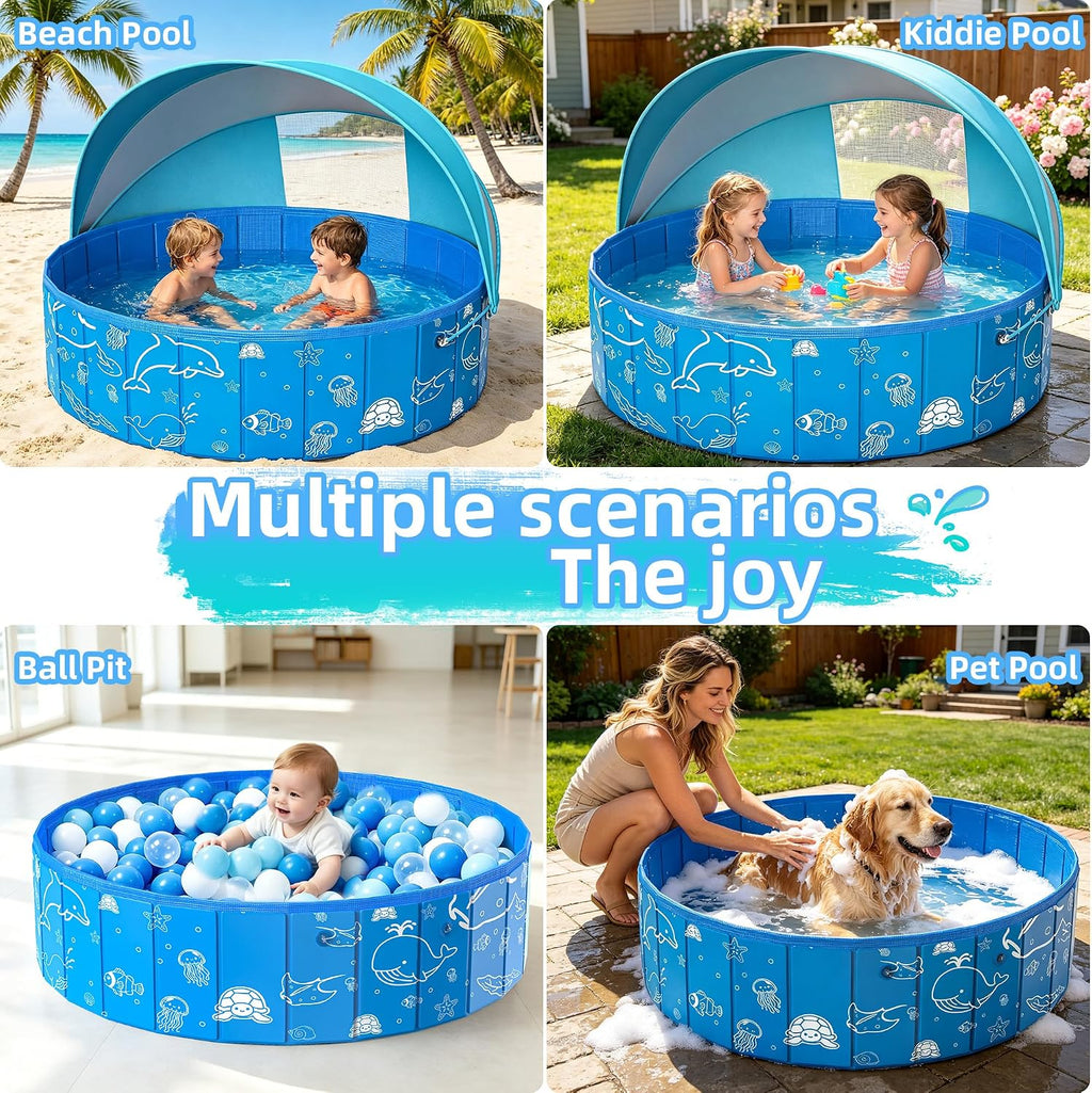 Kiddie Pool with Canopy, 48" Foldable Kids Baby Pool for Toddlers, Portable Small Swimming Pool Hard Plastic with Shade & Carry Bag for Beach Backyard Water Play