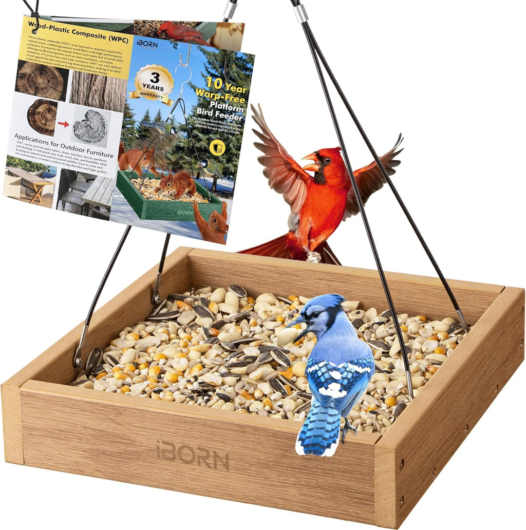 iBorn Platform Bird Feeder Tray Bird Feeders for Outdoors Hanging for Outside Flat Birdfeeder Tray with Large Capacity 3LBS, WPC Recycled Plastic & Cedar Look, Waterproof, 10.6"x10.6", Raw