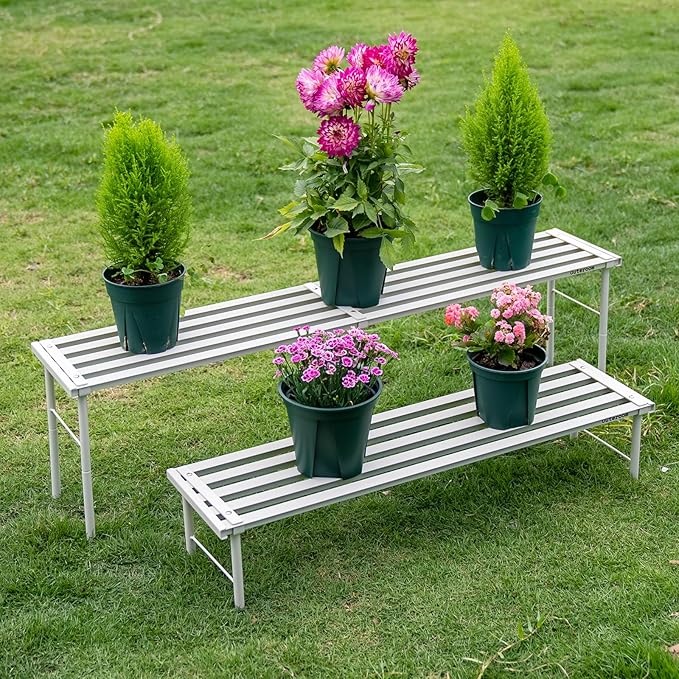 Metal Plant Stand, Rust-proof Aluminum Flower Pot Stand, Heavy Duty Planter Display Shelving for Patio Balcony Garden Living Room Decorative (White, 47.2 Inch)