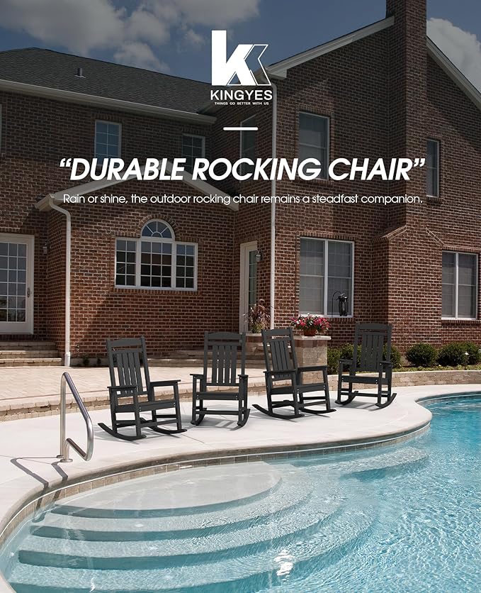 KINGYES Outdoor Rocking Chair Set of 4, High Density Polyethylene Patio Rocking Chairs with 330lbs Support for Adults, Black