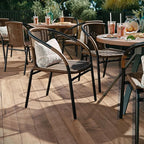 EMMA + OLIVER Set of 2 Modern Rattan Indoor/Outdoor Stack Chairs, Stacking Rattan Patio Chairs with Curved Back and Cross Bracing, Brown