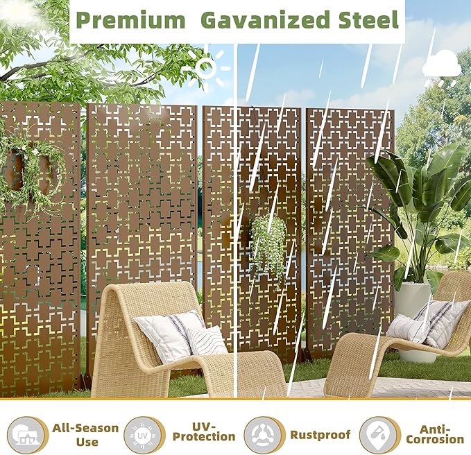 Casaphoria Metal Privacy Screen Outdoor, 72" H x 47" W Freestanding Decorative Privacy Screen for Patio Deck Balcony Garden with Stable Base, Brown-Square