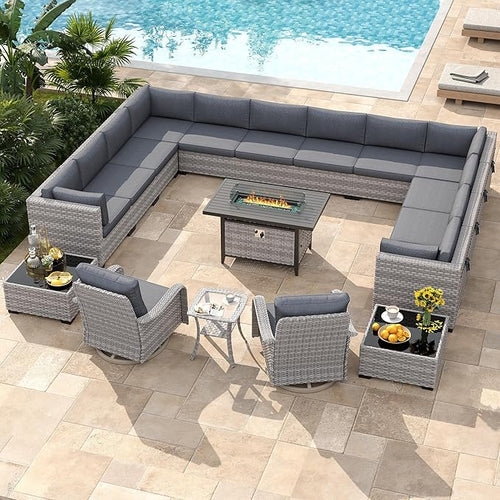 14-Seat Outdoor Wicker Patio Furniture Set with Fire Pit Table, Modular Rattan Sectional Sofa & 2 Swivel Rocking Chairs, 4" Thick Cushions, Rust-Resistant Frame,Black