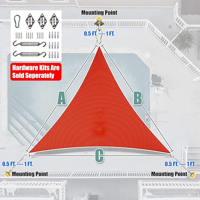 Amgo 20' x 20' x 20' Red Triangle Sun Shade Sail UPF50+ Canopy Awning AGSLT, 95% UV Blockage, Water & Air Permeable, 200GSM Heavy Duty Commercial and Residential (We Make Custom Sizes)