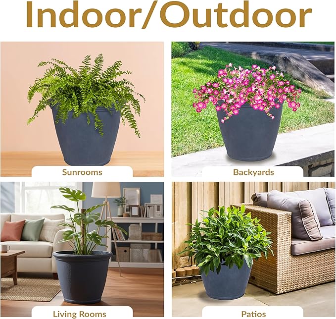 Sunnydaze 24-Inch Anjelica Large Plastic Pot for Plants - Outdoor Double-Walled Large Plastic Planter with Drillable Drainage Holes - Slate