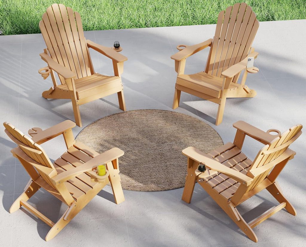 Outdoor HDPE Folding Adirondack Chair Set of 4, High Back Wide Seat Patio Chair with Cup Holders, All-Weather Fire Pit Chair for Garden,Lawn,Poolside, Teak