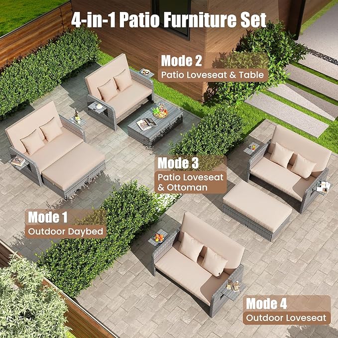 LDAILY Moccha Outdoor Daybed, Wicker Loveseat Sofa Set with 4-Postion Adjustable Backrest, Storage Ottoman, Cushions, Rattan Double Bed Lounger, Patio Furniture Set (Mixed Gray+Beige)