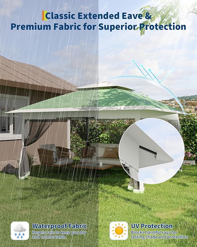 Canopy Tent 13x13 ft, Pop Up Gazebo One-Push Setup with 4 SandBags for Backyard Parties and BBQs, Mosquito Netting & Height Adjustable - Olive Green