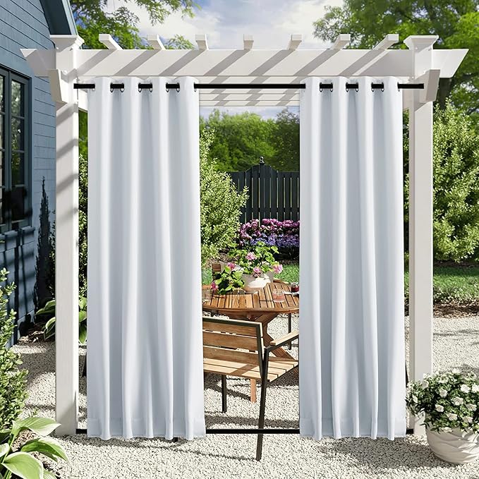 NICETOWN 2 Panels Fixed Outdoor Curtains Waterproof for Patio, Thermal Insulated Top & Bottom Grommet & Back Tab Light Blocking Outdoor Drapes Windproof with Bouns Rope, W46 x L90, Greyish White