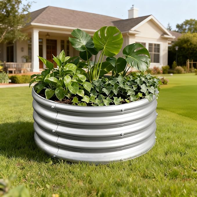 2PCS 2x2x1FT Galvanized Raised Garden Bed Kit,Vegetable Boxes-Round Metal Flower Box,Large Planter Raised Beds Outdoor Garden for Planting,Fruit,Herb-Silver