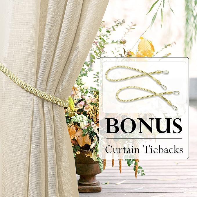 RYB HOME 2 Panels Outdoor Sheer Curtains for Patio Waterproof - Natural Linen Privacy Added Light Filtering Drapes with Tie Ropes for Gazabo Porch Pergoa Balcony, 52 X 84 Inches, Beige
