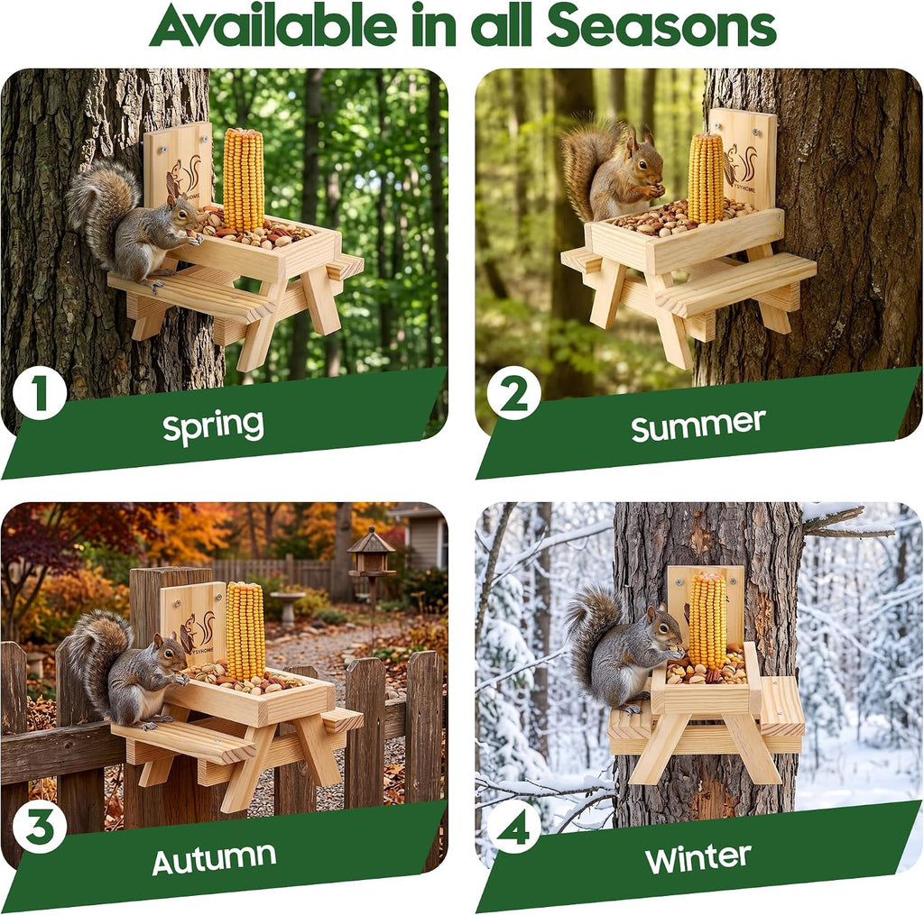 Squirrel Feeder for Outside and Garden, Funny Squirrel Picnic Table Feeder with Corn Cobs Holder and Peanut Tray, Quick Assembly Required