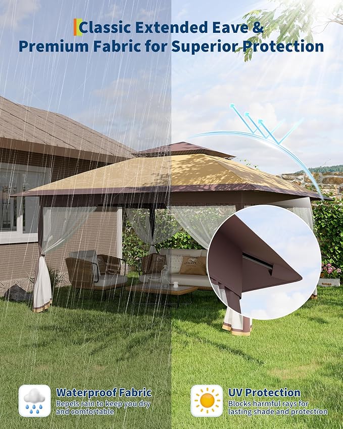 Canopy Tent 13x13 ft, Pop Up Gazebo One-Push Setup with 4 SandBags for Backyard Parties and BBQs, Mosquito Netting & Height Adjustable - Khaki & Coffee