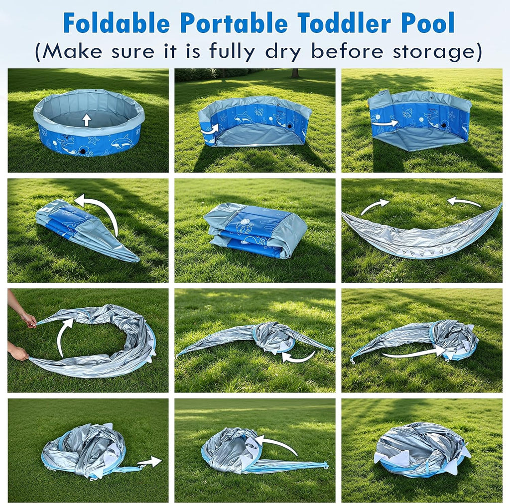 Kiddie Baby Pool with Canopy Sprinkler, 47in Foldable Toddler Pool | Anti-Slip Baby Swimming Pool with Shade, Portable Small Pool & Ball Pit for Kids Age 1-6, Backyard Outdoor Water Play Toy