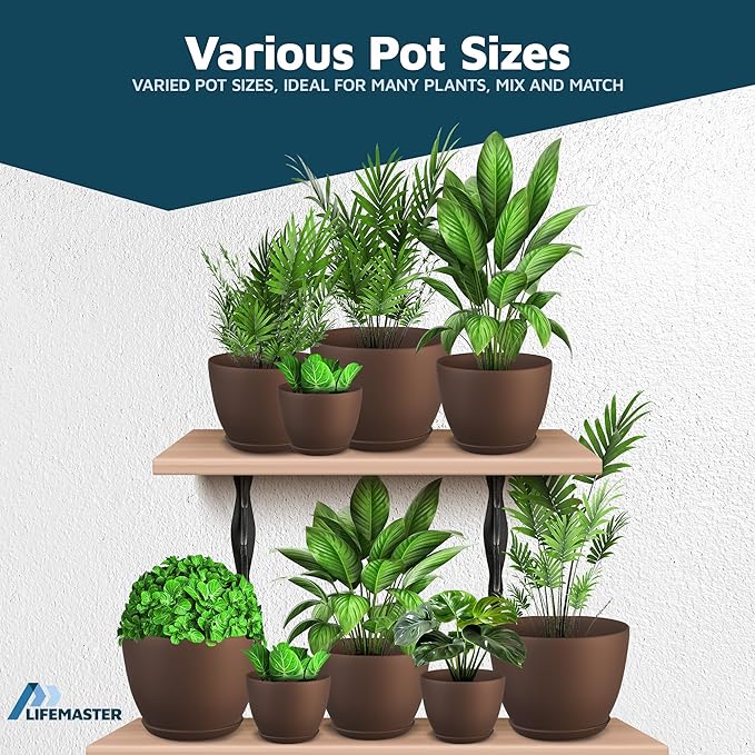 Planter Pots with Drainage Holes - Lightweight, Durable & Space-Saving Pots for Indoor and Outdoor - Versatile Functionality, Simple Modern Design, Set of 10 Plastic Planter Pots - Brown