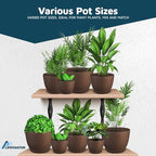 Planter Pots with Drainage Holes - Lightweight, Durable & Space-Saving Pots for Indoor and Outdoor - Versatile Functionality, Simple Modern Design, Set of 10 Plastic Planter Pots - Brown