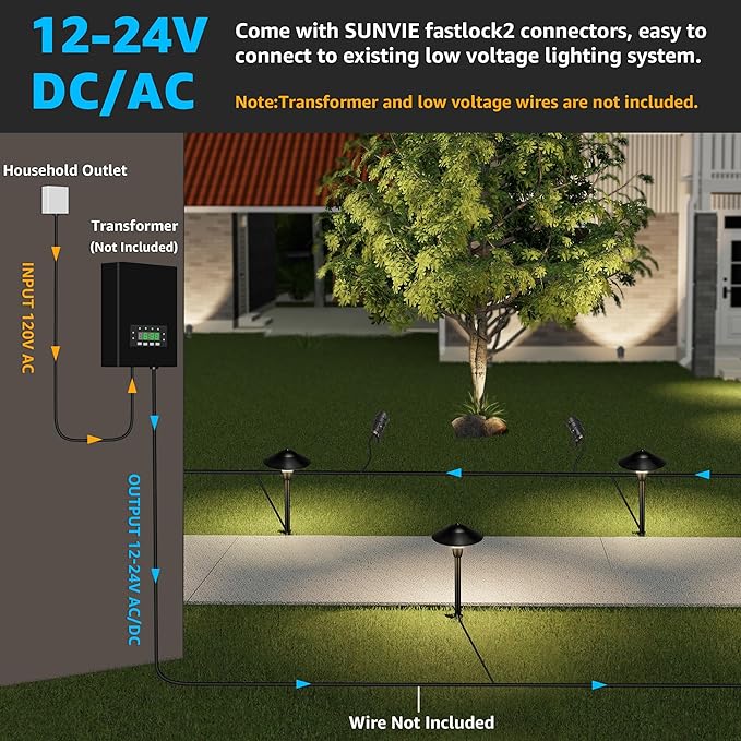SUNVIE LED Low Voltage Landscape Lighting 12-24V Landscape Lighting Kit with Connectors Aluminum Pathway Lights Wired with Spotlights 3000K Outdoor Pathway Lights Low Voltage for Yard Garden, 6 Pack