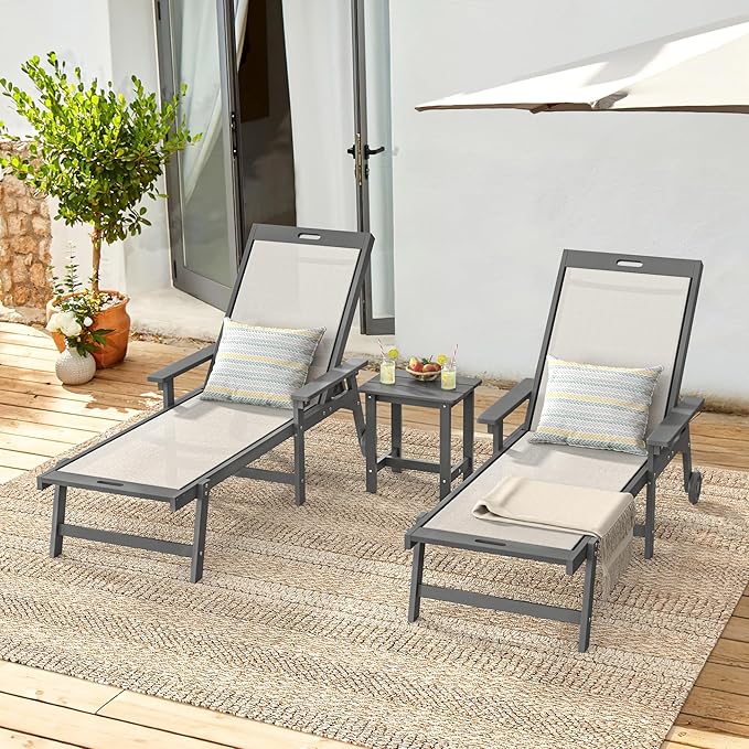 LUE BONA Chaise Lounge Chair Outdoor, HDPS and HDPE Wicker Chaise Lounger with 5 Positions, Pool Lounge Chairs with Wheels and Adjustable Backrest for Patio, Poolside, Deck, Backyard