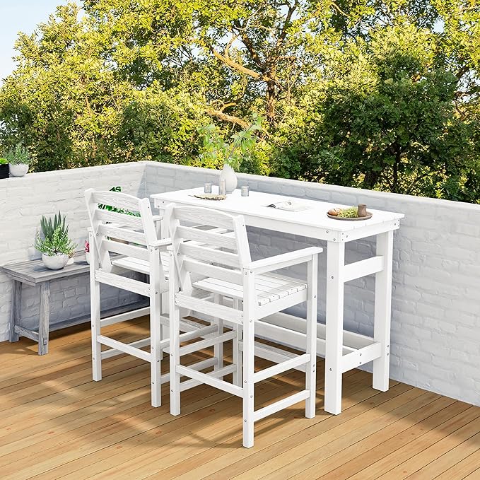 SERWALL Outdoor Bar Set - 4 Adirondack Bar Chairs & Bar Height Table with 1.6" Umbrella Hole, All-Weather HDPE Patio Furniture for Poolside, Backyard, Garden - White