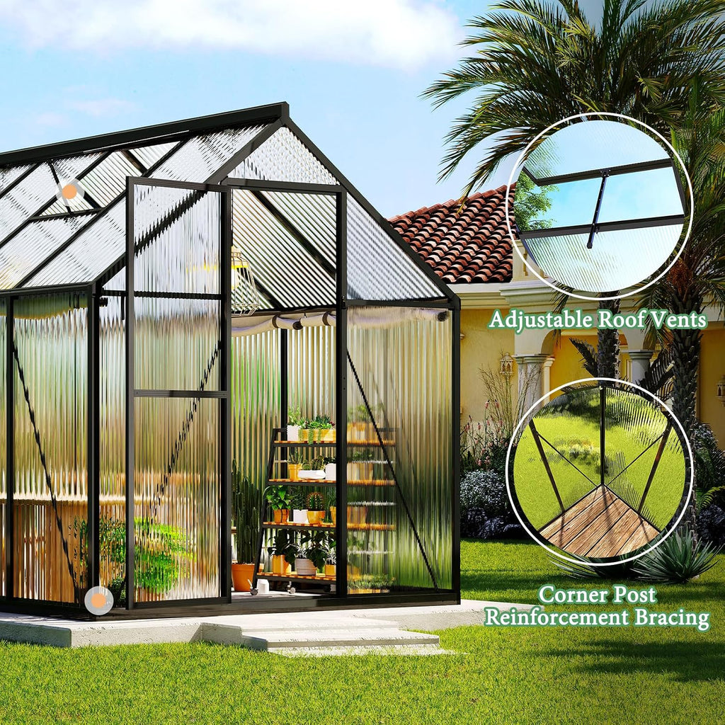 amerlife 6x12 ft walk-in polycarbonate greenhouse with 2, close-up detail