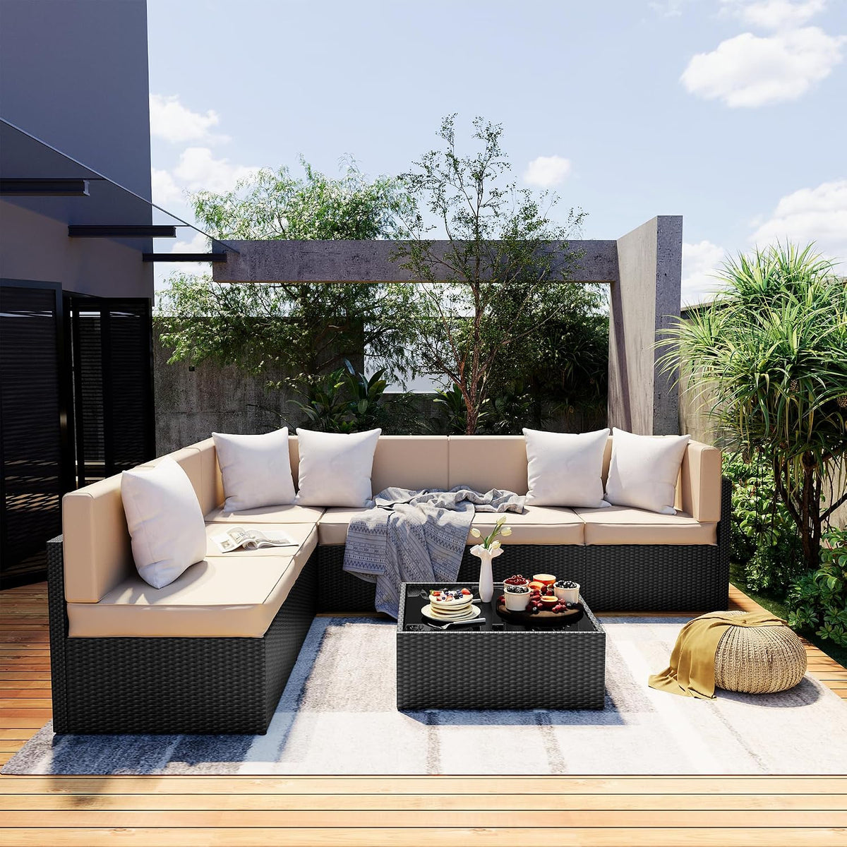 pamapic 7 pieces outdoor sectional furniture，wicker patio sectional, main product view