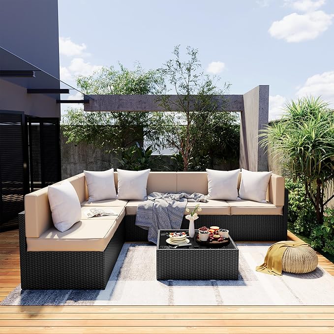 Pamapic 7 Pieces Outdoor Sectional Furniture，Wicker Patio sectional Furniture Sets，All-Weather Rattan Sectional Sofa Conversation Set with Coffee Table and Washable Couch Cushions Covers