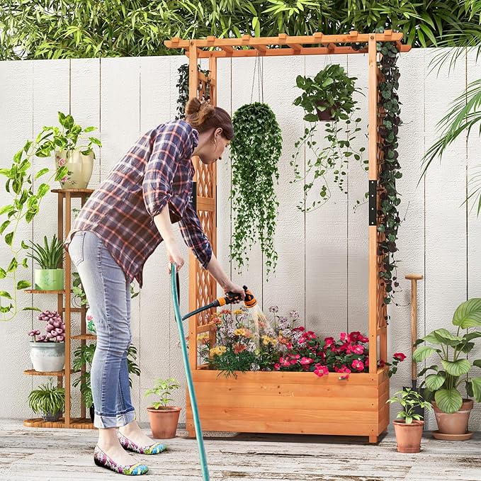 Giantex 2 Pcs Raised Garden Bed with Trellis & Hanging Roof, Wood Planter Box with Bottom & Drainage Holes, Freestanding Garden Planter for Flower Vegetable Fruit Herb Climbing Vines, 43.5"x17.5"x72"