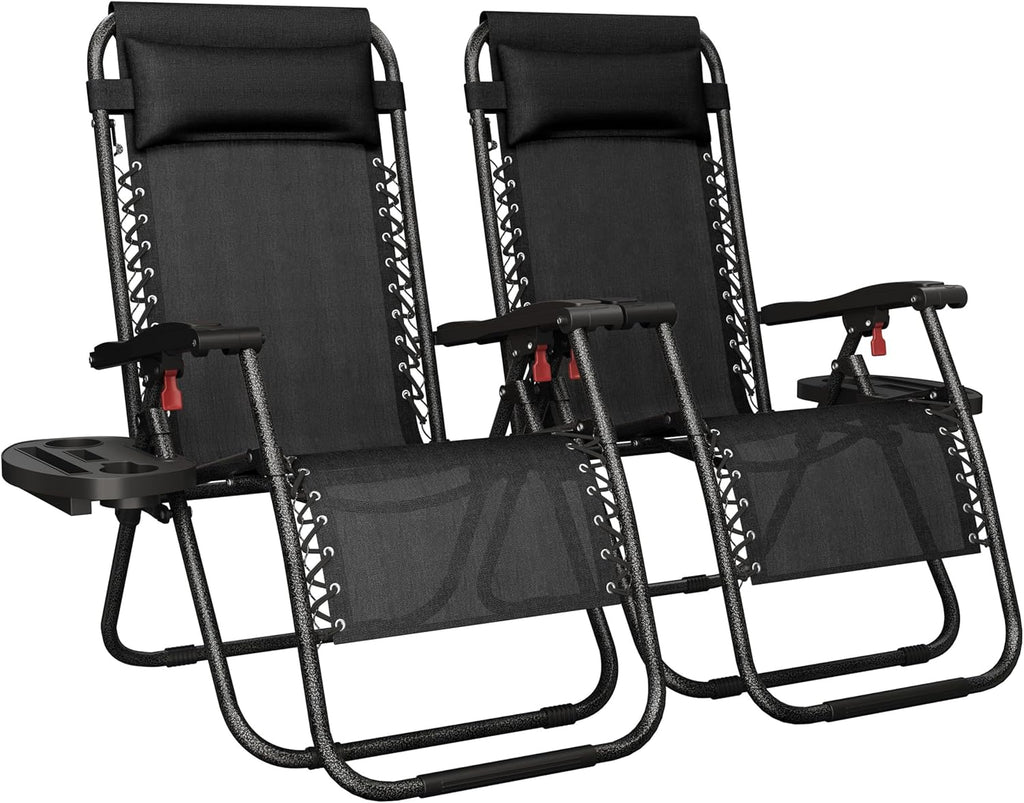 Yaheetech 26" Zero Gravity Recliners Adjustable Set of 2, Dark Black | Outdoor Folding Reclining Lounge Chairs w/Pillows, Cup Holder Trays and Carry Strap for Camping, Backyard, Beach, Indoor