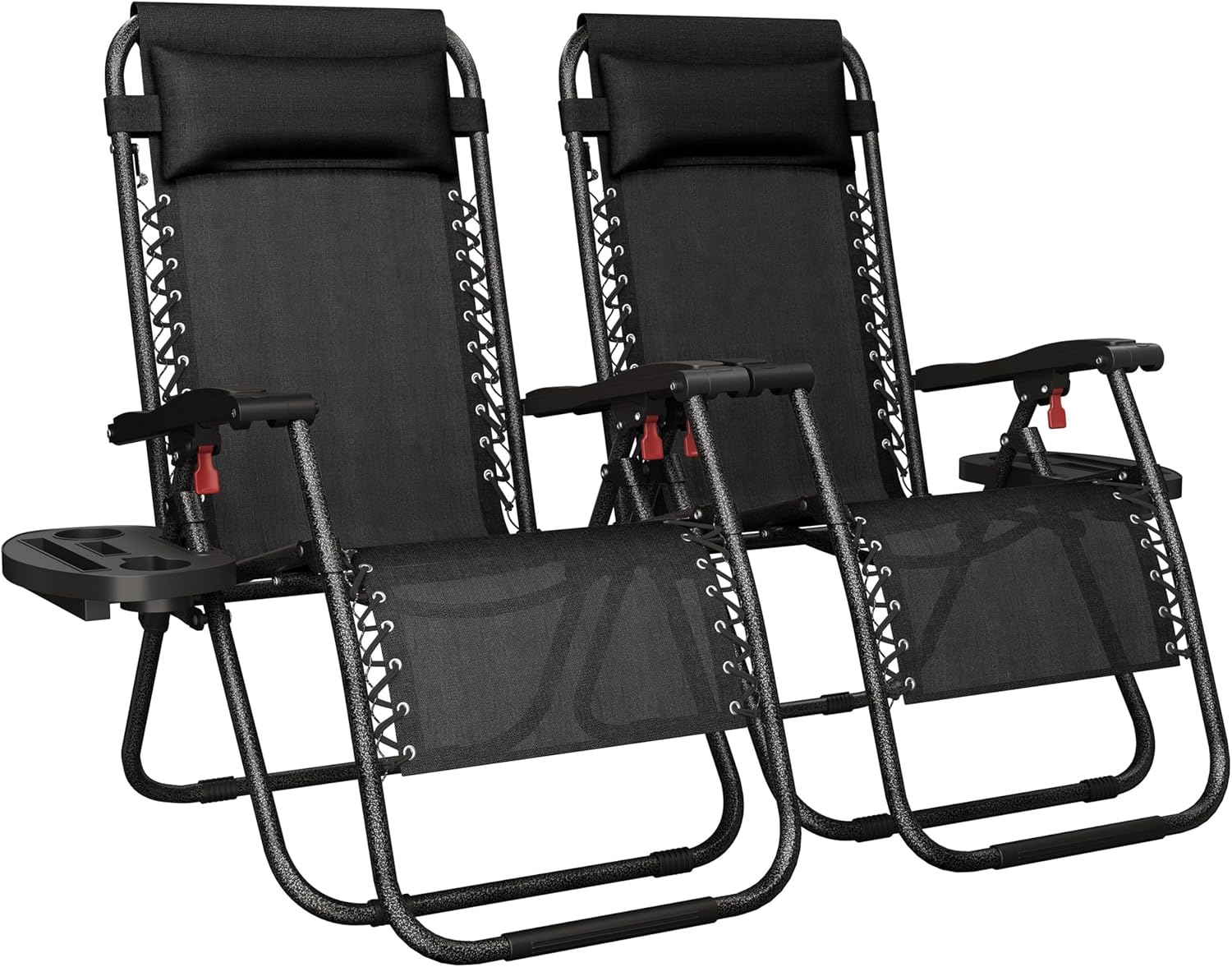 Yaheetech 26" Zero Gravity Recliners Adjustable Set of 2, Dark Black | Outdoor Folding Reclining Lounge Chairs w/Pillows, Cup Holder Trays and Carry Strap for Camping, Backyard, Beach, Indoor