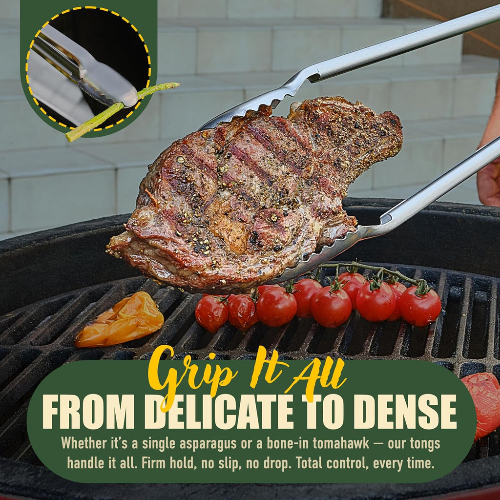 24 inch BBQ Tongs - 1 Year Warranty, 100% Stainless Steel Long Metal Grill Tongs for Outdoor Grill, Non Slip Handle, Locking Mechanism, Heat resistant, Pinzas de Cocina for steak, hot dog and more