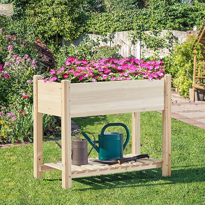 Yaheetech 34x18x30in Horticulture Raised Garden Bed 2pcs Planter Box with Legs & Storage Shelf Wooden Elevated Vegetable Growing Bed for Flower/Herb/Patio/Balcony, Natural Wood