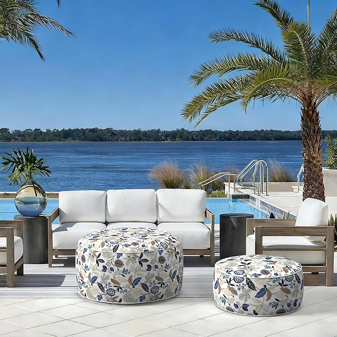 LVTXIII Outdoor Inflatable Ottoman, 21"x21"x9" Patio Fade-Resistant Footrest Stool with Handle, Portable Round Ottoman Pouf for Patio Garden, Camping or Home Use, Breeze Leaves Beige