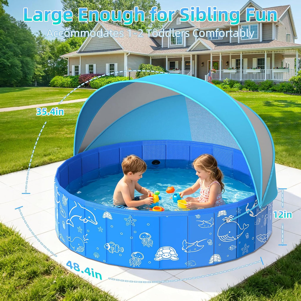 Kiddie Pool with Canopy, 48" Foldable Kids Baby Pool for Toddlers, Portable Small Swimming Pool Hard Plastic with Shade & Carry Bag for Beach Backyard Water Play