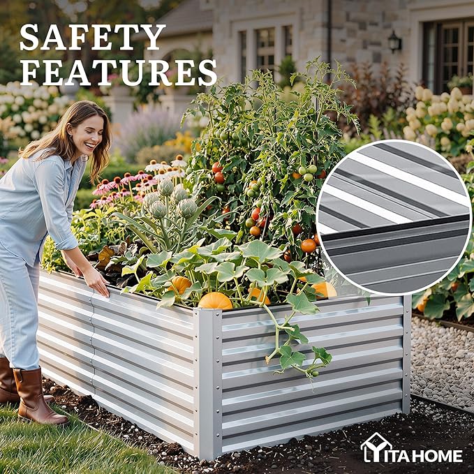 YITAHOME 8x4x2ft 2pcs Large Raised Garden Bed Kit, Galvanized Metal Planter Box with Gloves, Ground Nails & Safety Rubber, Outdoor Above Ground Planters for Plants Vegetables Flowers, Silver