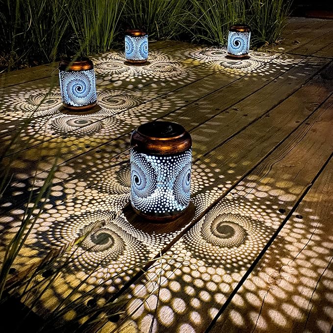 4 Pack Solar Lanterns Outdoor Hanging Metal Waterproof LED Lantern with Solar Powered Garden Patio Decorations Decor Lantern with Handle Christmas Gift Idea