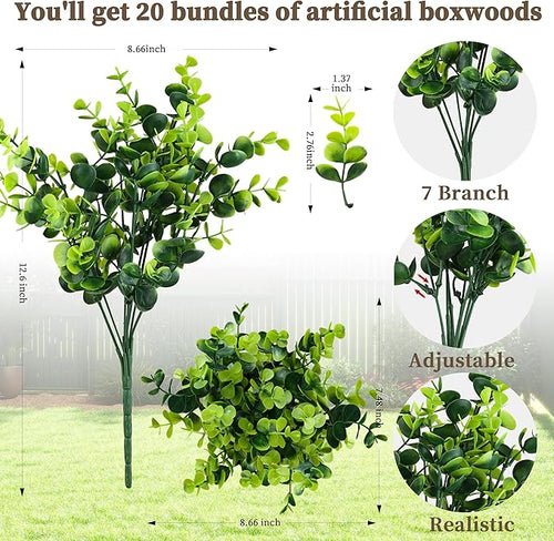20 Bundles Artificial Greenery Boxwood Plants, Fake Plant for Garden Porch, Window Box, Home Wedding, Farmhouse, and Indoor Outdoor Decoration