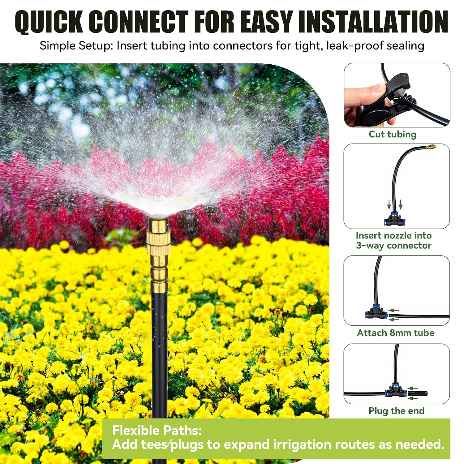50FT 360° Adjustable Drip Irrigation System Garden Watering System with 12 Nozzles Plant Watering Devices Misting System Greenhouse Accessories for Yard, Lawn