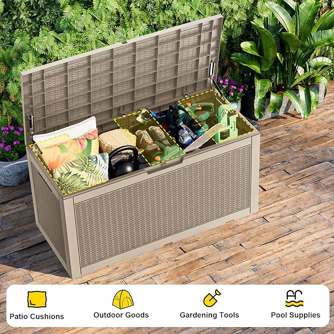 120 Gallon Waterproof Outdoor Storage Box,Resin Deck Box,Lockable Outside Storage Box Container for Patio Furniure,Garden,Pool Tools (120 Gallon,Grey)